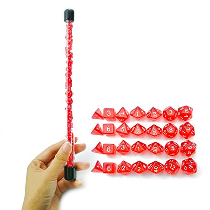Bescon 28-Piece Translucent Red Mini Polyhedral Dice Set, 4 Complete 7-Die Sets, Ruby Color Resin Gaming Dice for Dungeons and Dragons, Includes Clear Storage Tube - color: 4x7 28pcs Gem Red Tube