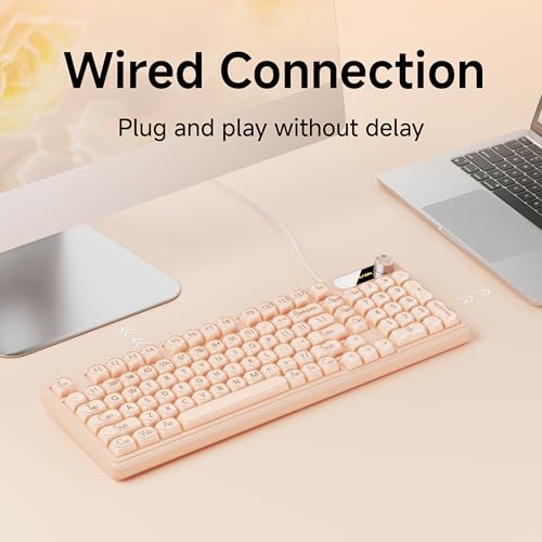 EWEADN V102 Wired Keyboard, 98 Keys Creamy Gaming Keyboard with Number Pad, Display Screen & Media Knob RGB Silent Wired Cute Computer Keyboard for Laptop PC Gamer - Cream Pink - color: Cream Pink