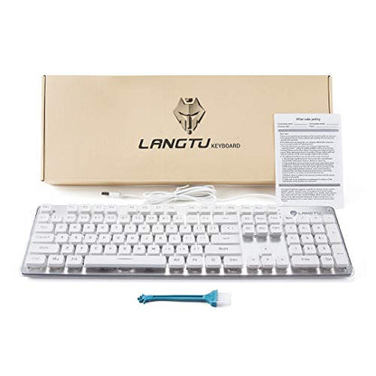 LANGTU Membrane Gaming Keyboard, Rainbow LED Backlit Quiet Keyboard for Office, USB Wired All-Metal Panel 25 Keys Anti-ghosting Computer Keyboard 104 Keys - L1 White/Silver
