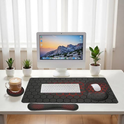 Red Hexagon Desk Mat Set Dark Gaming Tech Grid Mouse Pad with Wrist Rest 4in1 Desk Mat for Desktop Ergonomic Keyboard Wrist Support Anti-Slip Computer Ergonomic Mouse Pad Home Office Gaming - color: Red Hexagon