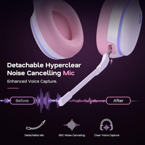 AOC 2.4GHz Wireless Gaming Headset for PS5, PS4 Fortnite & Call of Duty/FPS Gamers, PC, Switch, Bluetooth 6.0 Gaming Headphones with Noise Canceling Mic, 7.1 Virtual Surround, 45Hr Battery - Pink - color: Pink