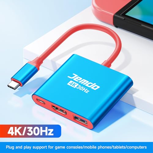 JEMDO Portable Dock Adapter for Switch, Travel Docking Station for TV with 4K HD HDMI Output & PD Fast Charging & USB 3.0 Compatible with Switch/OLED, Steam Deck, MacBook Pro/Air, ROG Ally