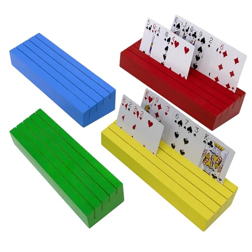 hismocal Playing Card Holders Deck Stand, Play Cards Holder for Kids or Elder People, Hands-Free Wood Holder Racks,Tray for Organizing Cards (4 Pack-Multicolored)