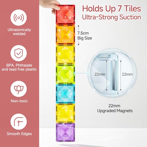 Large Diamond Magnetic Building Tiles: 48 PCS Deluxe 3D Play Blocks | 3x Sparkling Transparent Cut - 7.5cm Big Size STEM Sensory Toy with Tin Box Storage Organizer for Toddlers Age 3-6 Birthday - style: Large Magnetic Tiles - 48PCS