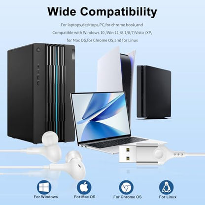 USB Earbuds with Microphone for PC Laptop,Wired USBA Headset with Mic in Ear Buds Noise Isolating Light Laptop Earphones Headphones for Dell HP Surface Computer Office Zoom Work Gaming School,White - color: White