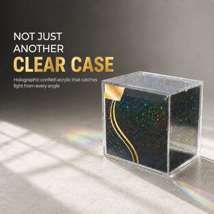 PKMN Booster Box Acrylic Display Case w/ Holographic Foil | Shiny Display Box for TCG Packs & Trading Cards Collections | 5mm Ultra Thick Protector Case + N52 Magnet - Iridescent Holographic Stars