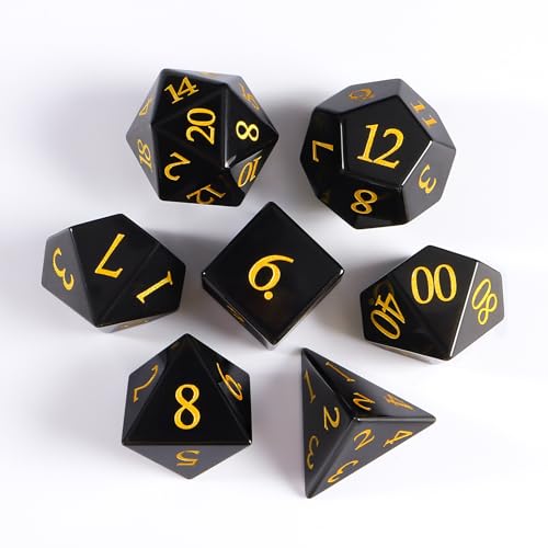 Natural Obsidian Dice Set, 7-Piece Hand-Carved Polyhedral Dice for Dungeons & Dragons (D&D), Pathfinder, Call of Cthulhu, Tabletop RPG Gaming, Collectible Gemstone Dice with Gold Numbering (Black) - color: Black
