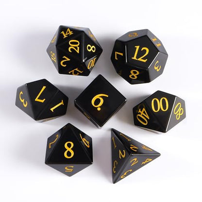 Natural Obsidian Dice Set, 7-Piece Hand-Carved Polyhedral Dice for Dungeons & Dragons (D&D), Pathfinder, Call of Cthulhu, Tabletop RPG Gaming, Collectible Gemstone Dice with Gold Numbering (Black) - color: Black