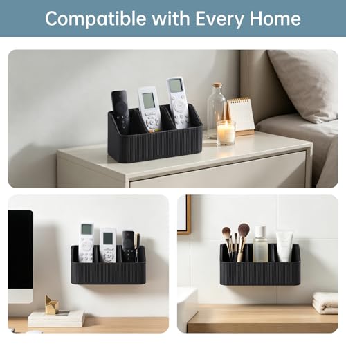 No Drill PU Leather Wall Remote Holder, 3 Compartments Storage Caddy for TV AC Remotes, Pens, Eyeglasses, Home Bedroom Bathroom Office (Stylish Black Fine Ribbed) - color: Stylish Black Fine Ribbed