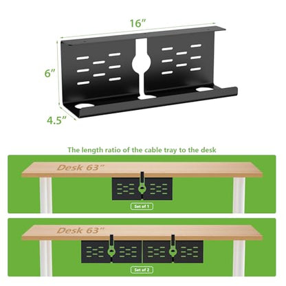 KEEGH 16 in Under Desk Cable Management Tray, Metal Cable Tary, 1 Pack | No-Drill Clamp Mount, Ventilation Holes, Cable Management Tray for Home Office, Gaming Desk, Standing Desk, Black - color: Black, size: 1 Pack