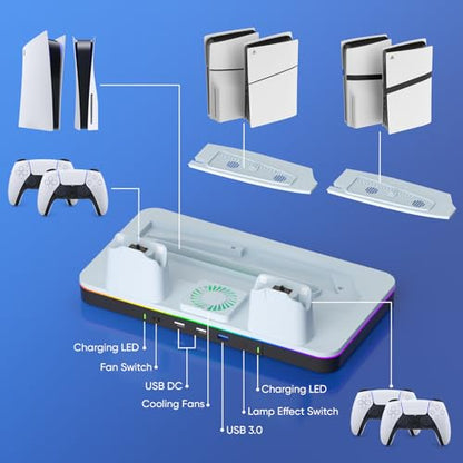 2026 Upgraded PS5/PS5 Pro/Slim Cooling Stand/Station with RGB Light,Dual Controller Fast Charger,with High-Speed Turbo Fan,3USB,for Gaming Room,Living Room,Gift for Christmas & Birthday