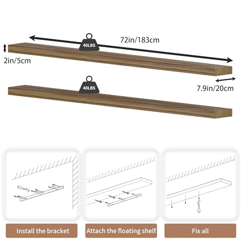 72 inch Long Floating Shelves for Wall,Solid Wood Long Wall Shelves Set of 2,Brwon Wooden Wall Mounted Shelf,Wall Bookshelf Bathroom Shelves - color: Brown, size: 72 Inch set of 2
