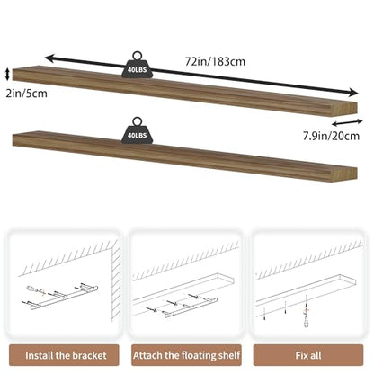 72 inch Long Floating Shelves for Wall,Solid Wood Long Wall Shelves Set of 2,Brwon Wooden Wall Mounted Shelf,Wall Bookshelf Bathroom Shelves - color: Brown, size: 72 Inch set of 2