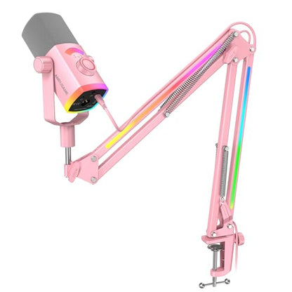 FIFINE AM8PROTP XLR/USB Gaming Microphone Kit, Dynamic RGB Streaming Mic | Podcast Mic Set with Boom Arm Stand, Compatible with PC/PS4/PS5/Mixer, with Headphone Jack, Volume Knob, Mute, Pink - color: Pink