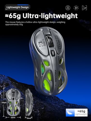 FMOUSE Wireless Mouse Tri-Mode 2.4G & Dual Bluetooth & Wired, Hollow RGB, 65g, 4800 DPI, USB-C Rechargeable, Gaming & Office, for Mac Laptop iPad PC – Gray - color: Gray