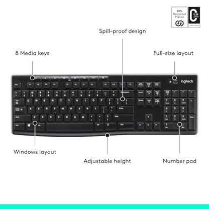 Logitech K270 Full Size Wireless Keyboard for Windows - Black | Full-size keyboard with number pad, 8 multimedia keys, includes USB-A receiver, 2-year battery, compatible with PC, laptop - color: Black, size: 1 Pack, style: Keyboard
