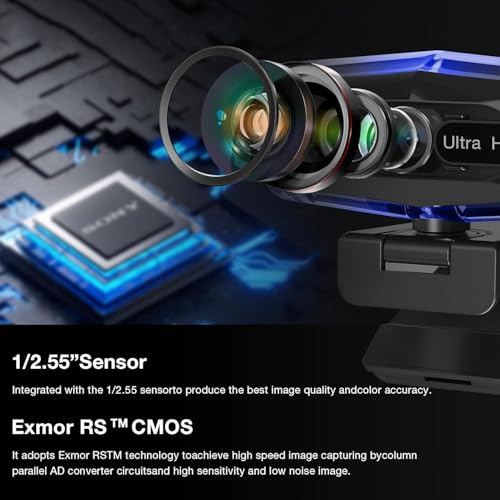 4K Ultra HD Remote Control with Stand Webcam, LED RGB Lighting, 95-Degree Wide Angle, Auto Focus, 1080P@60FPS, Black, USB 2.0, for Video Conferencing, Desktop/Laptop