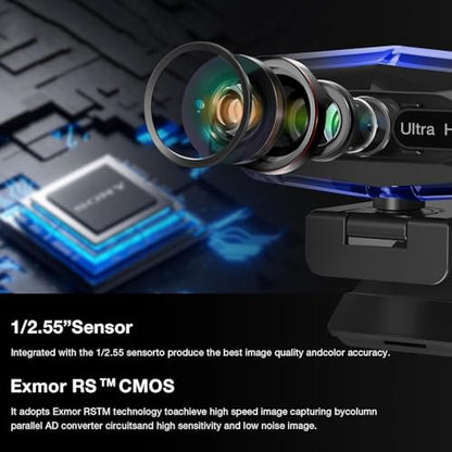 4K Ultra HD Remote Control with Stand Webcam, LED RGB Lighting, 95-Degree Wide Angle, Auto Focus, 1080P@60FPS, Black, USB 2.0, for Video Conferencing, Desktop/Laptop