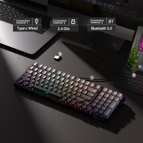 MageGee LIGHT100 Wireless Creamy Keyboard, Gasket Structure Hot Swappable, 2.4G/USB-C/BT5.0 RGB Backlit Mechanical Gaming Keyboard for Win/Mac/PC, 8000mAh Battery, Side Printed PBT Keycap, Black - color: Black/Blue Whale Switch