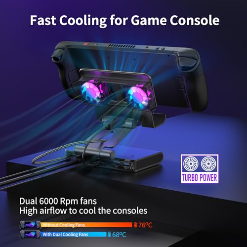 Adjustable Stand Steam Deck Docking Station with RGB Light Cooling Fan, 4K@60Hz, PD100W, Gigabit Ethernet Fit and HDMI for Steam Deck/ROG Ally X/Legion Go (S)/MSI Claw/Switch - size: Steam deck cooling dock