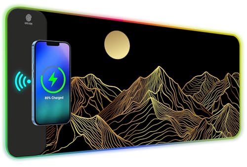 ToLuLu RGB Wireless Charging Gaming Mouse Pad, 7.5/10/15W 10 Light Modes LED Mouse Pad Computer Keyboard Mat Mousepad, 800x300x4MM Extended Large Desk Mat Desk Pad, Sun Shines Over Golden Mountain - color: Sun Shines Over Golden Mountain
