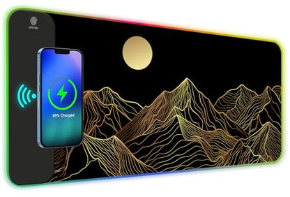 ToLuLu RGB Wireless Charging Gaming Mouse Pad, 7.5/10/15W 10 Light Modes LED Mouse Pad Computer Keyboard Mat Mousepad, 800x300x4MM Extended Large Desk Mat Desk Pad, Sun Shines Over Golden Mountain - color: Sun Shines Over Golden Mountain