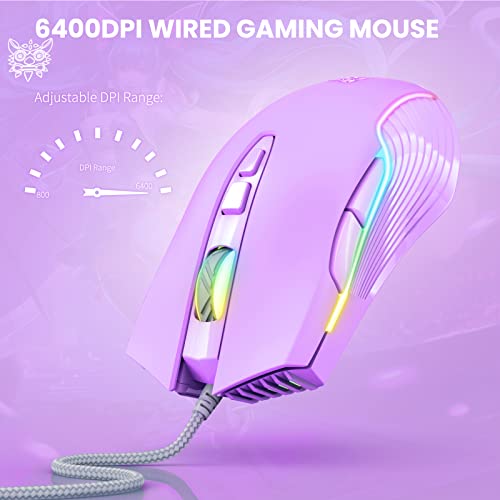 Cute RGB 6400 DPI Wired Gaming Mouse Breathing LED Optical USB 7 Buttons Gamer Computer Pink Mice for Laptop PC Desktop (Purple) - color: Purple