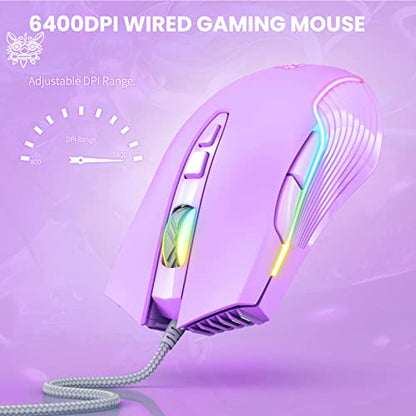 Cute RGB 6400 DPI Wired Gaming Mouse Breathing LED Optical USB 7 Buttons Gamer Computer Pink Mice for Laptop PC Desktop (Purple) - color: Purple