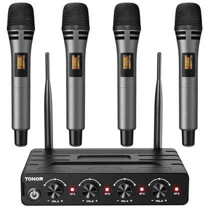 TONOR Wireless Microphones System with 4x10 Channels Cordless Handheld Microfono Inalambrico, 60 m/200FT UHF Range, Mics with Stable Signal Transmission for Karaoke Singing Party Church Wedding - style: 4 Handheld Mics Grey