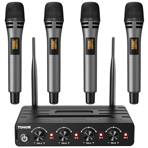 TONOR Wireless Microphones System with 4x10 Channels Cordless Handheld Microfono Inalambrico, 60 m/200FT UHF Range, Mics with Stable Signal Transmission for Karaoke Singing Party Church Wedding - style: 4 Handheld Mics Grey