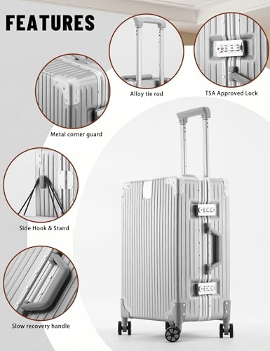 20" Carry On Suitcase Zipperless Aluminum Frame Luggage, Silver | TSA Lock, Lightweight, PC Hardshell, Rolling Carry-On Luggage with Wheels, Hardside, Business Travel - color: Silver