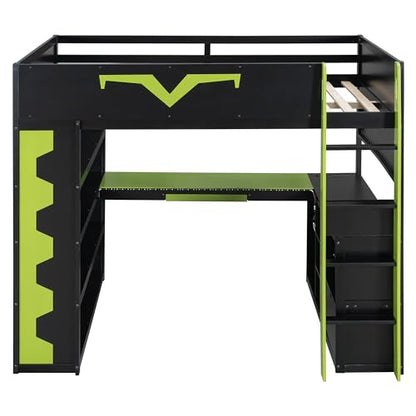 Merax Gaming Loft Bed with Integrated Desk & RGB LED Lights, Pro-Gamer Bed with Power Outlet, Large Bookshelf, Pegboard, Keyboard Tray & Storage Drawer, 3 Colors Available, Full Size, Green