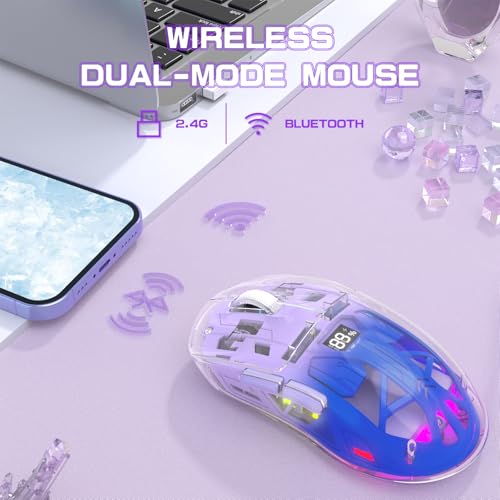 ZIYOU LANG A2 Transparent Wireless Gaming Mouse with Battery Level Display,Bluetooth/2.4G Wireless PC Mice,3D RGB Backlit,5 Million Clicks,PixArt 3212,up to 4000 DPI for Win/MAC,Purple - color: Purple