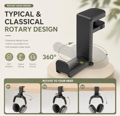 Headphone Holder for Desk, 360° Rotating Dual Hook Under Desk Headset Hanger with Adjustable Clamp, Space-Saving Desk Organizer for Gaming Setup, Office & Study Desk, Black