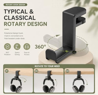 Headphone Holder for Desk, 360° Rotating Dual Hook Under Desk Headset Hanger with Adjustable Clamp, Space-Saving Desk Organizer for Gaming Setup, Office & Study Desk, Black