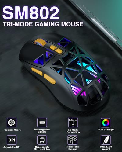 SOLAKAKA SM802 Wireless Gaming Mouse,10000 DPI,Tri-Mode Wired/BT 5.0/2.4GHz Wireless Mouse with Side Button, RGB Programmable Macro Mouse for Laptop (Black) - color: 1-black, size: SM802