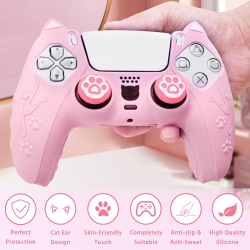 Pink Cat Ear PS5 Controller Cover - Cute Silicone Skin with Cat & Paw Prints + 2 Matching Cat Paw Thumbstick Caps | Kawaii Non-Slip Grip for PlayStation 5 Controller - color: Light Pink