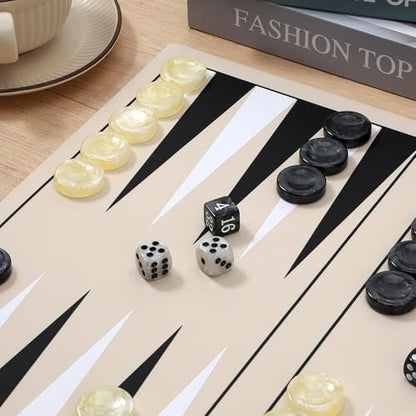 40cm Backgammon Set, Premium Silicone Backgammon Travel Classic Board Games for 2 Players, Foldable Portable Game Set with Carrying Storage Bag (Khaki) - color: Khaki