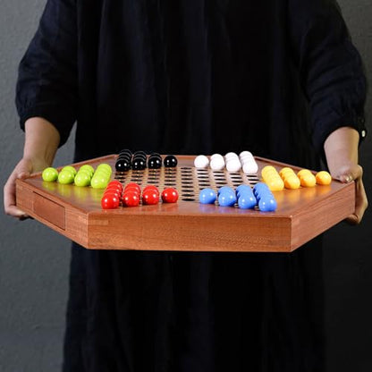 AMEROUS Large 20.5 inches Wooden Chinese Checkers Set with Storage Drawer - 60 Acrylic Marbles in 6 Colors - 12 Bonus Spare Marbles, Classic Strategy Family Board Game for Adults