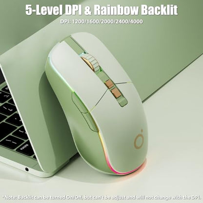Wireless Gaming Mouse 2.4G/BT/USB-C, Silent Buttons, Matcha Green | Tri-Mode 2.4Ghz/Bluetooth 5.0/Wired USB RGB LED Backlit Rechargeable Ergonomic Optical Mice for iMac/Macbook/Computer/Laptop