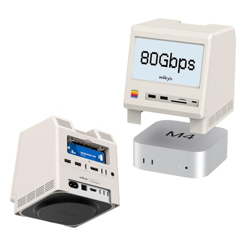 M5 Retro Dock Station for Mac mini M4 Pro, 80Gbps M.2 NVMe SSD Enclosure with Cooling Fan, Compatible for Thunderbolt 5/4/3/USB 4, 5'inch HD Display, SD/Micro SD Reader 4.0, 8K@60Hz Displayport - style: 80Gbps