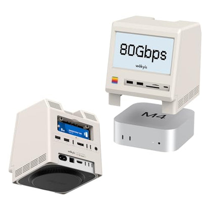 M5 Retro Dock Station for Mac mini M4 Pro, 80Gbps M.2 NVMe SSD Enclosure with Cooling Fan, Compatible for Thunderbolt 5/4/3/USB 4, 5'inch HD Display, SD/Micro SD Reader 4.0, 8K@60Hz Displayport - style: 80Gbps