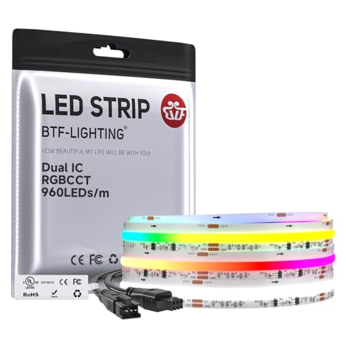 BTF-LIGHTING WS2811 Dual IC RGBCCT FCOB COB LED Strip,UL Listed High Density Chasing IC RGB Light+Tunable White 3000K-6000K,9.8FT 960LEDs/m,12mm Width IP30 DC24V 3M Tape(No Adapter or Controller) - size: 9.8FT IP30