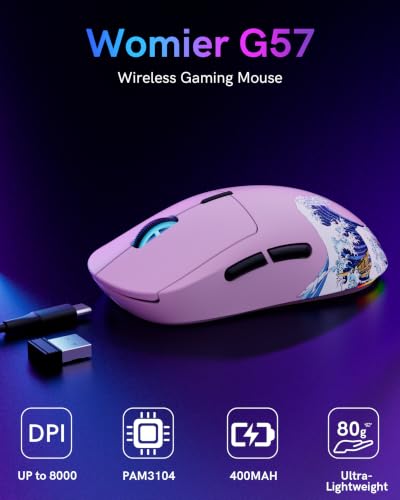G57 Wireless Gaming Mouse, 8000 DPI, 80g, 2.4G/Bluetooth/USB-C Rechargeable Wireless Mouse with 5 Programmable Buttons for PC/Mac, Pink - color: Pink
