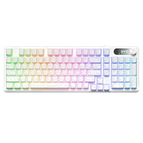 OHY XVX Wireless Keyboard,99Keys Quiet Typing Membrane Gaming Keyboard with Logo Display & Knob, RGB Backlit, USB C Rechargeable, 94 Keys PBT Keycap for Windows PC, Mac, Linux-White