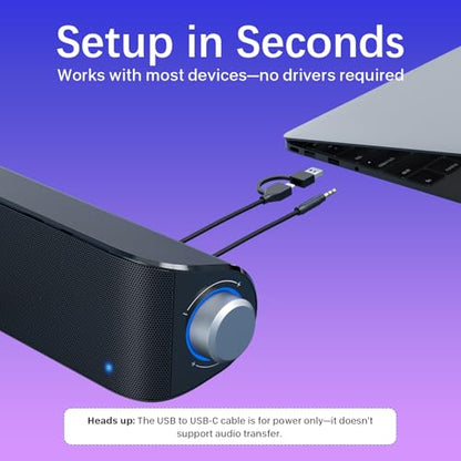 Nylavee Computer Speakers, Hi-Fi Stereo Computer Sound Bar with Bluetooth & 3.5mm Aux, USB/USB-C Powered for Desktop PC, Laptop & Monitor, Built-in Mic and Headphone Jack - color: Black