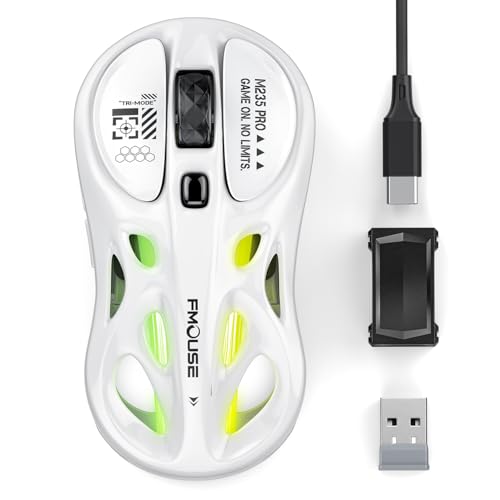 FMOUSE Wireless Mouse Tri-Mode 2.4G & Dual Bluetooth & Wired, Hollow RGB, 65g, 4800 DPI, USB-C Rechargeable, Gaming & Office, for Mac Laptop iPad PC – White - color: White