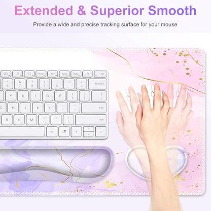 Large Gaming Mouse Pad Set, 4 in 1 Extended Keyboard Desk Mat with Wrist Rest, PC Computer Game Mousepad Set, Non-Slip Desk Pad Easy Typing Pain Relief for Home Office I Pink Purple Marble - color: Pink Purple Marble