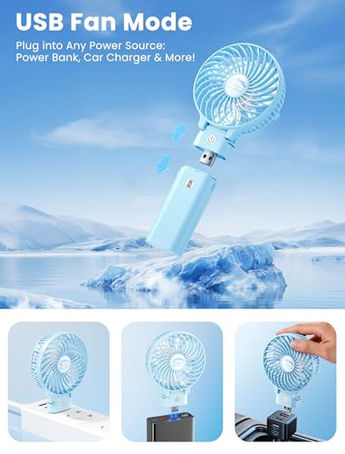 HandFan 5200mAh Handheld Fan Rechargeable, 20H Runtime Hand Fan, 3 Speeds Strong Airflow, Personal 180° Foldable Portable Fans for Travel/Summer/Concerts/Lash/Commute, Gifts for Women (Blue) - color: Clear‑Blade Blue
