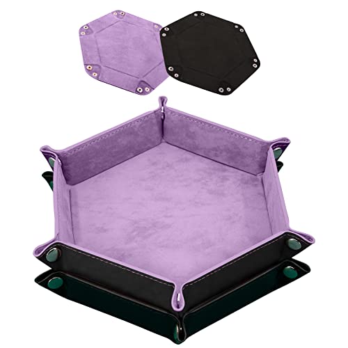 SIQUK 2 Pieces Dice Tray PU Leather Dice Trays Portable Folding Hexagon Dice Roller Tray for Dice Games Like RPG, DND and Other Table Games (Lilac, Black) - color: Lilac, Black